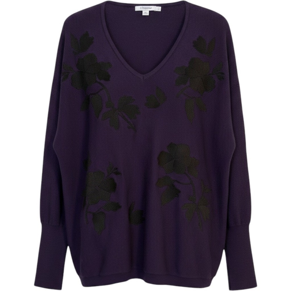 Chico's Purple V-Neck Floral Embroidered Sweater Size 1 M Long Ribbed Cuffs